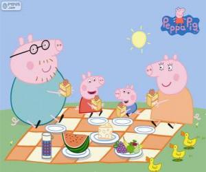 yapboz Peppa Pig ve onun ailesiyle piknik yapmak